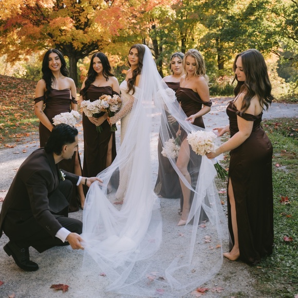 BROWN MAXI DRESS 🤎 Cinderella Divine 7488 Satin Off Shoulder Dress - Picture 2 of 6